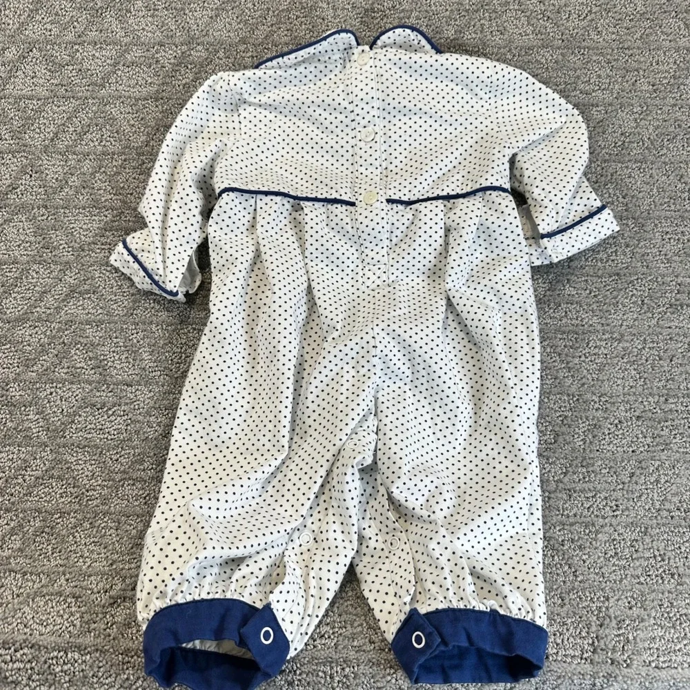 Little Bear Smocks Beau Baby Boy Romper Jumpsuit 6M‎ White Navy Polka Dot Dog